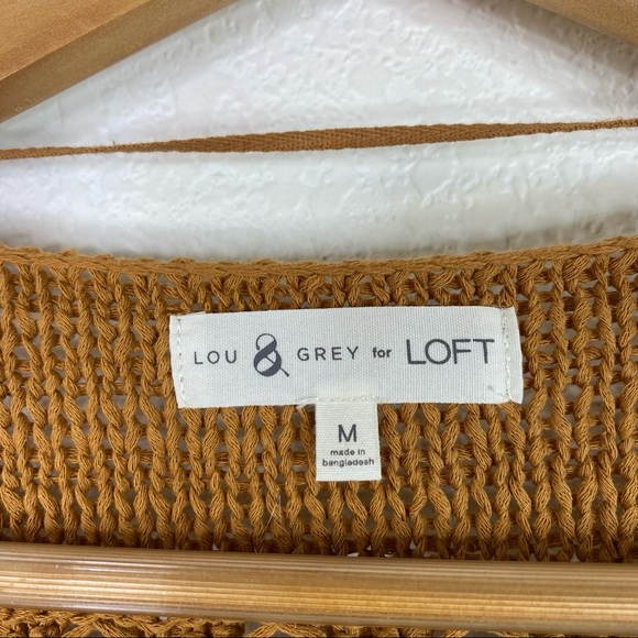 Lou & Grey for LOFT Mustard Yellow & White Open Knit Fringe Sweater - Picture 6 of 8